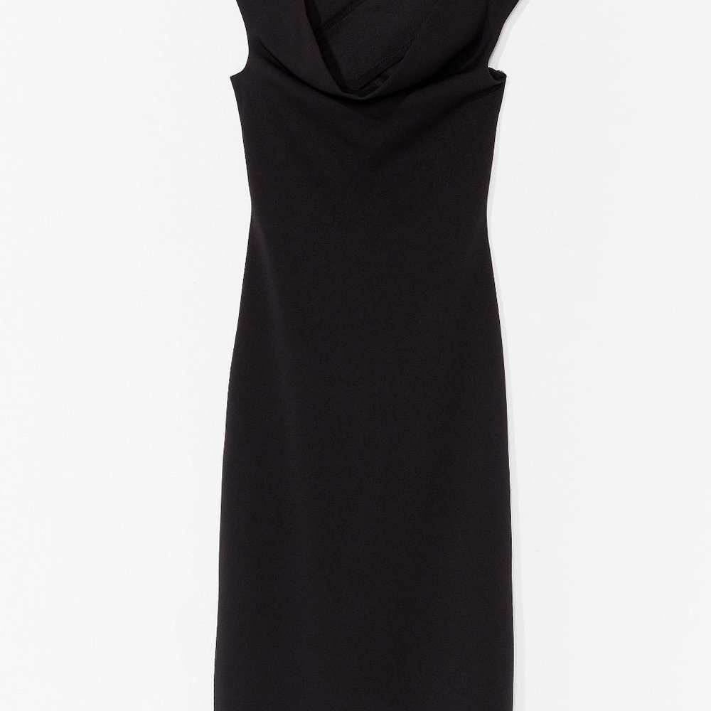 Black Body Con Midi Dress, Open Cross Back - Size M